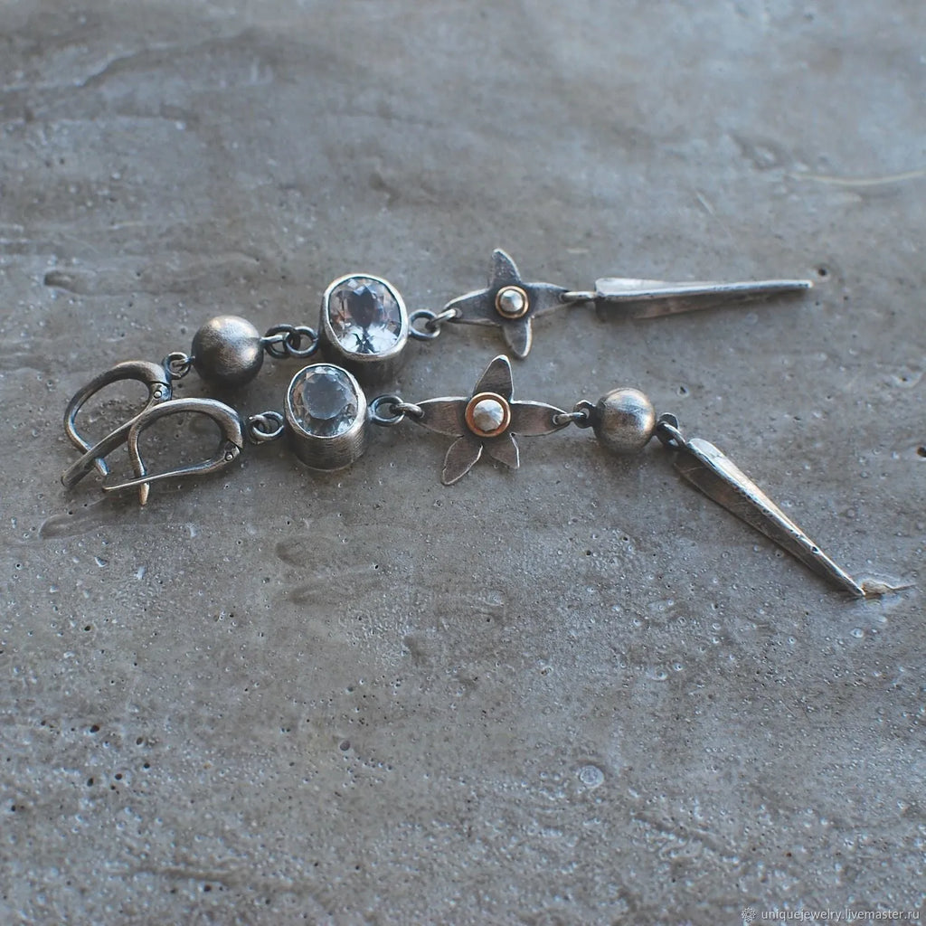 Hesheng geometric antique silver earrings with long XINGX pendant and rhinestone decoration