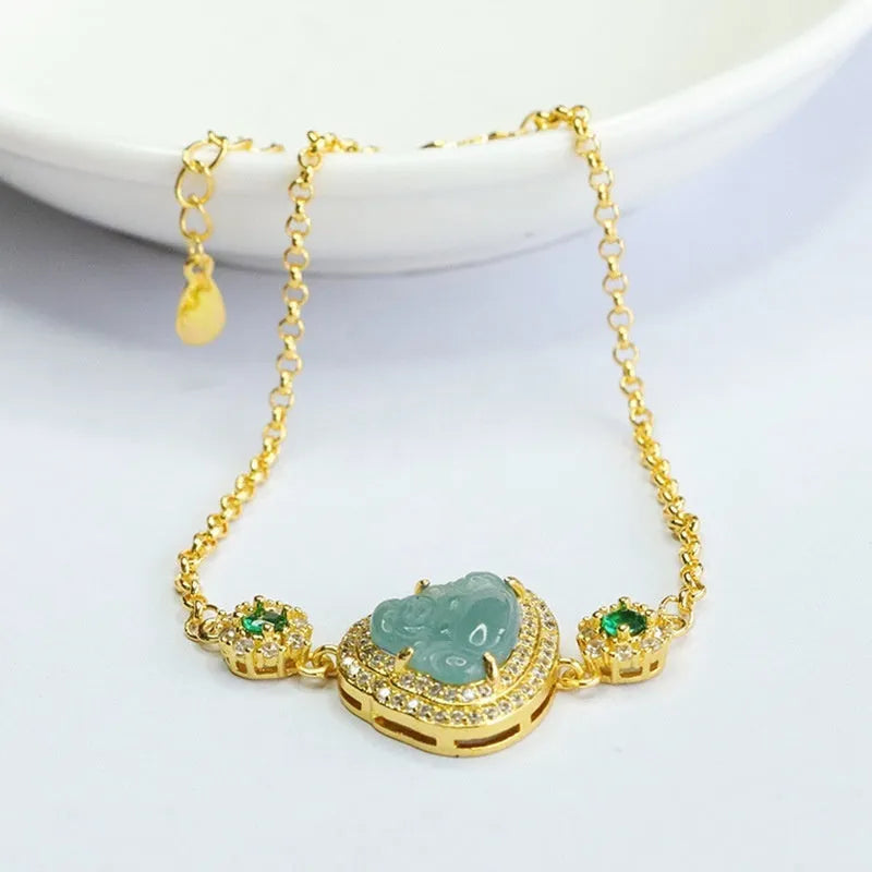 Emerald blue water Maitreya Buddha jade bracelet for women, showing inlaid pendant detail.
