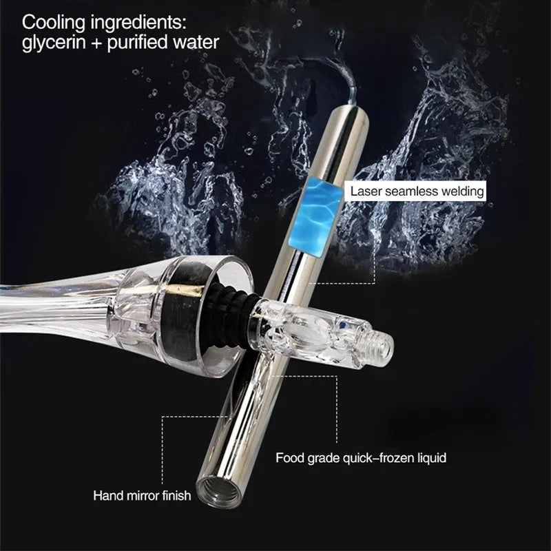 Stainless steel wine chilling rod with acrylic pourer, shown next to a wine bottle.