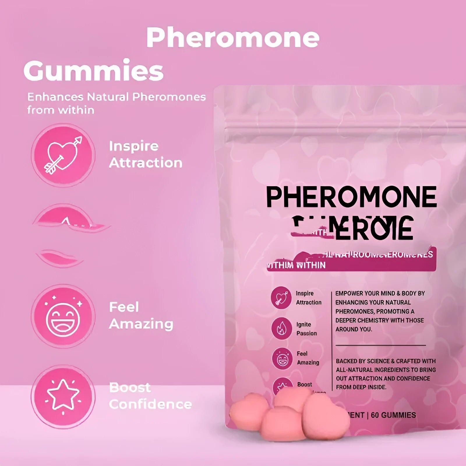 60 edible pheromone gummy tablets in household packaging for adult consumption
