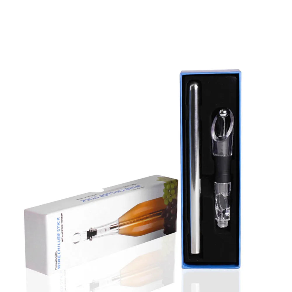 Stainless steel wine chilling rod with acrylic pourer, shown next to a wine bottle.