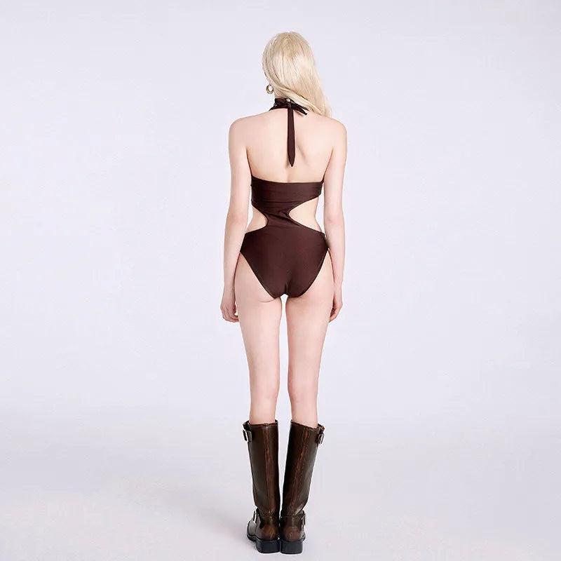 Dark brown one-piece swimsuit for girls in polypropylene fabric