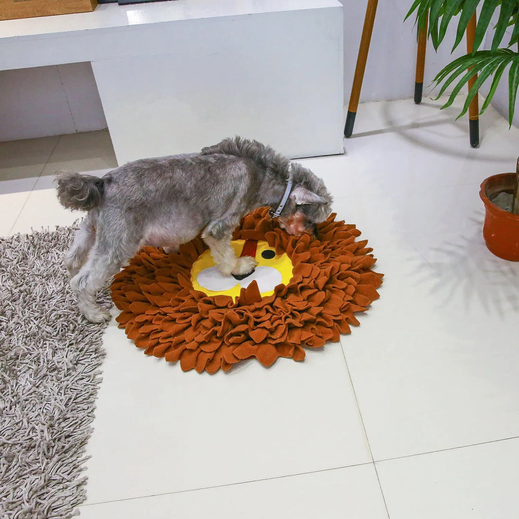 Brown lion-shaped sniffing pad for dogs and cats with textured surface for food hiding