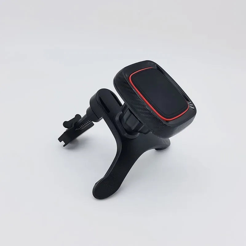 Black universal car phone holder mounted on dashboard air vent with flexible arm extended