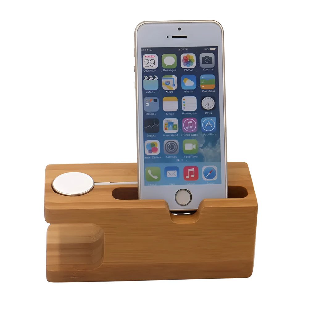 Bamboo carved phone and watch stand with decorative finish measuring 149mm
