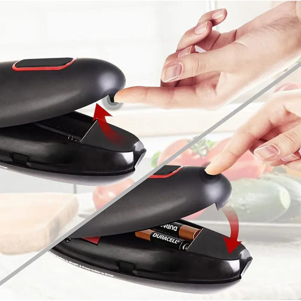 Black electric can opener with battery compartment and one-touch button