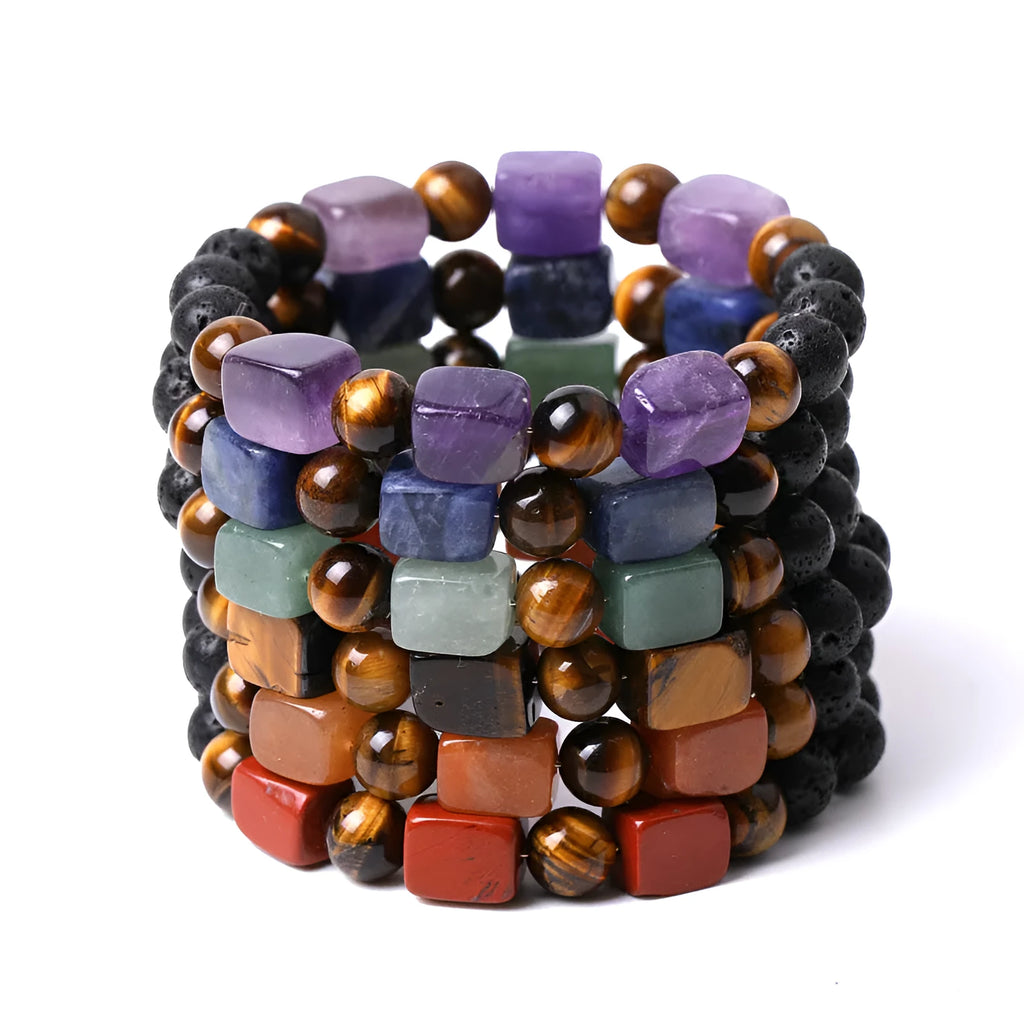 Handcrafted volcanic stone bracelet with 8mm round and rectangular amethyst beads