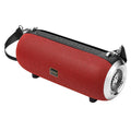 F666 portable fabric and plastic Bluetooth speaker with shoulder strap and retractable FM antenna.