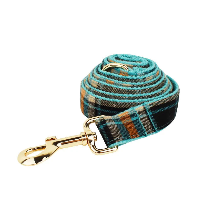 Green retro style pet collar, leash, vest and bow accessories set for dogs