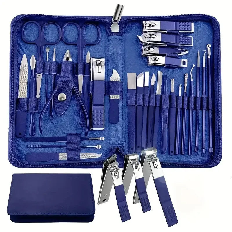 30-piece stainless steel manicure and pedicure tool set displayed in pink, blue, rose gold, black, and green colour options.