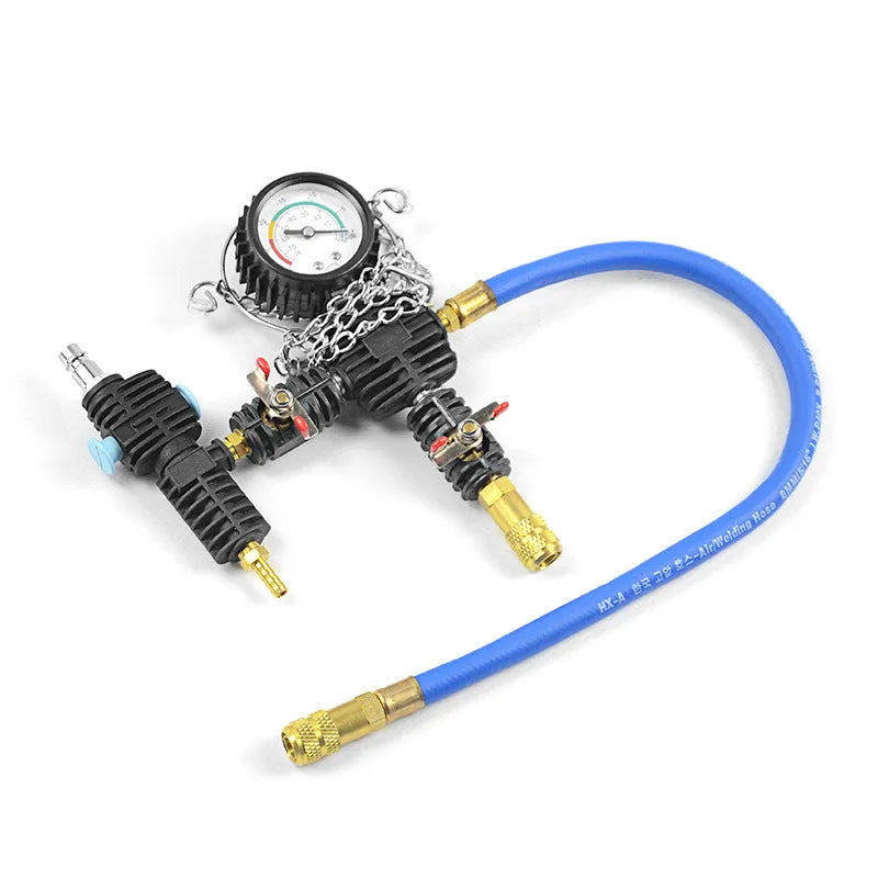 Blue 28-piece automotive cooling system pressure tester kit with gauge and adapters