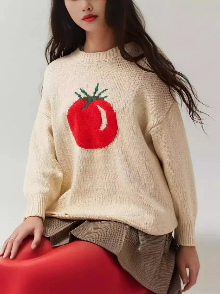 Women's beige acrylic jacquard sweater with round neck and long sleeves