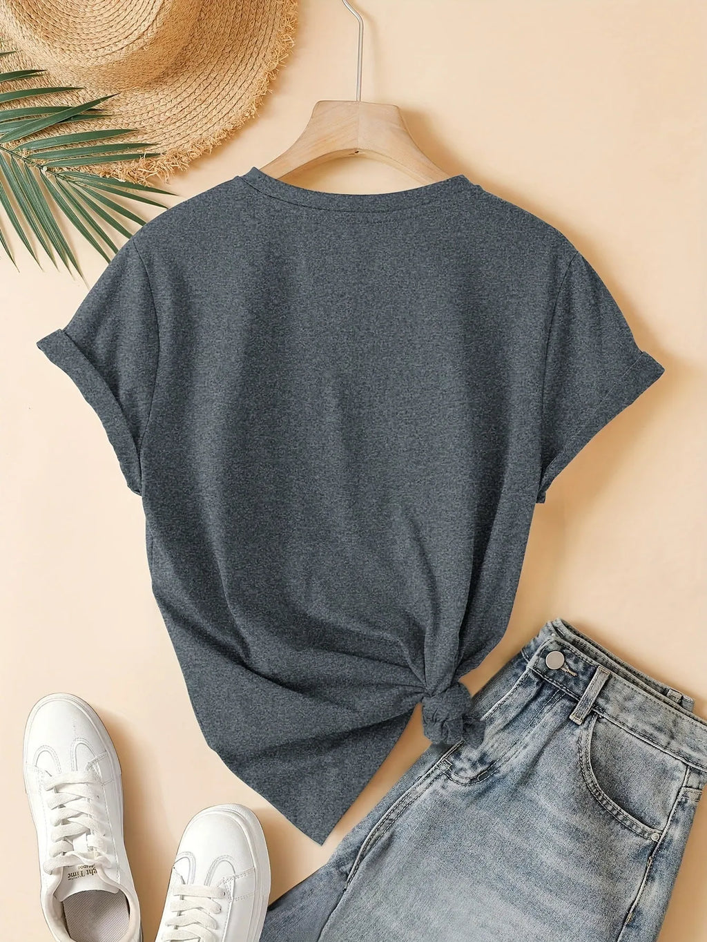 Women's pure cotton short sleeve round neck t-shirt in art retro style, shown in multiple solid colours.