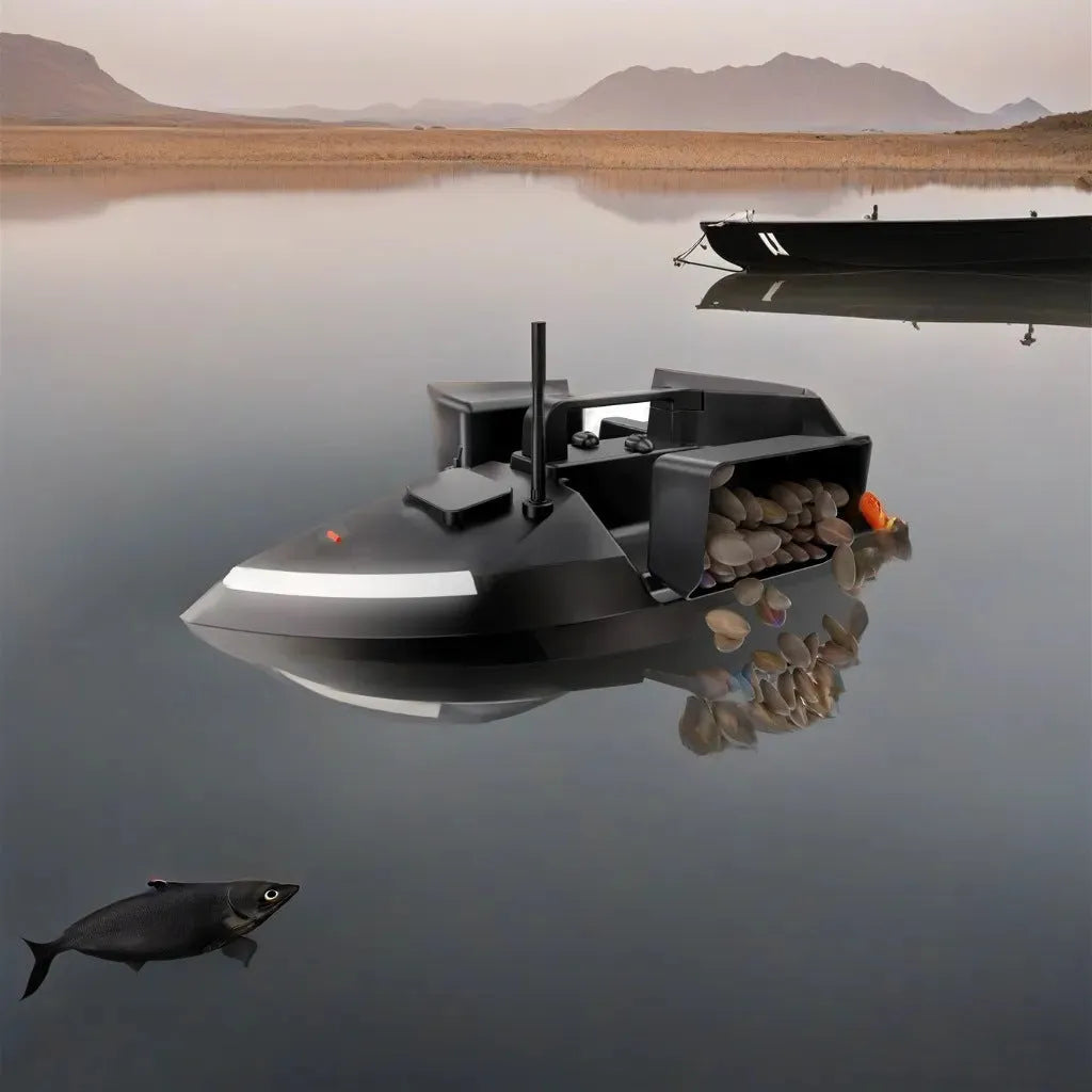 Black GPS remote control fishing boat with antenna and LED light on a calm lake.