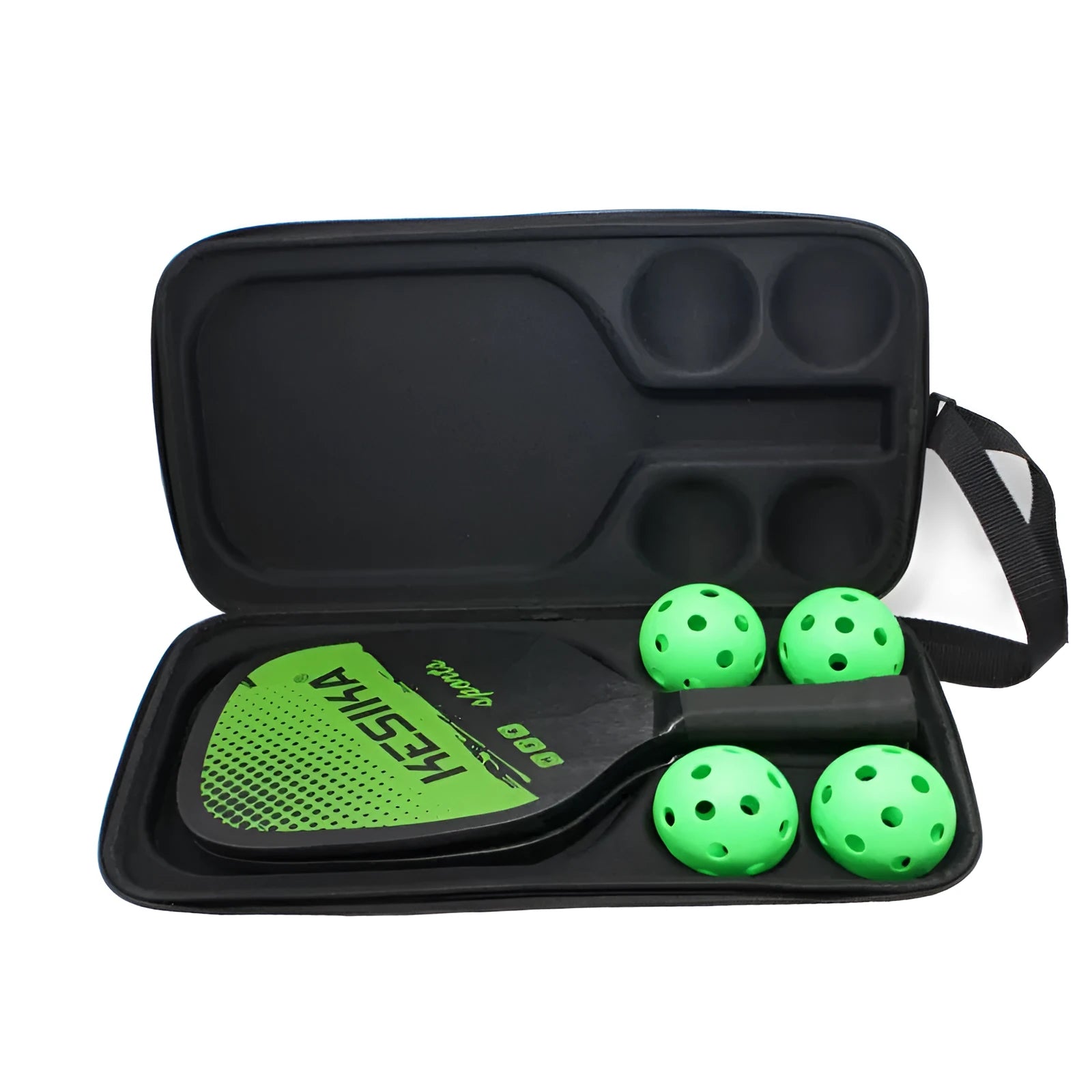 Black EVA pickleball shoulder bag with two straps, holding a racket and balls.