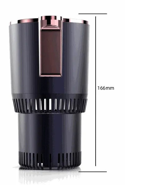 Black 12V car cup warmer and cooler with digital temperature display placed in a car cup holder.