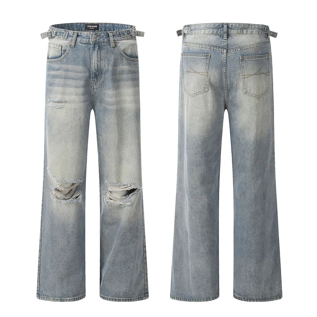 Man wearing blue retro-style distressed straight-leg cotton blend jeans.