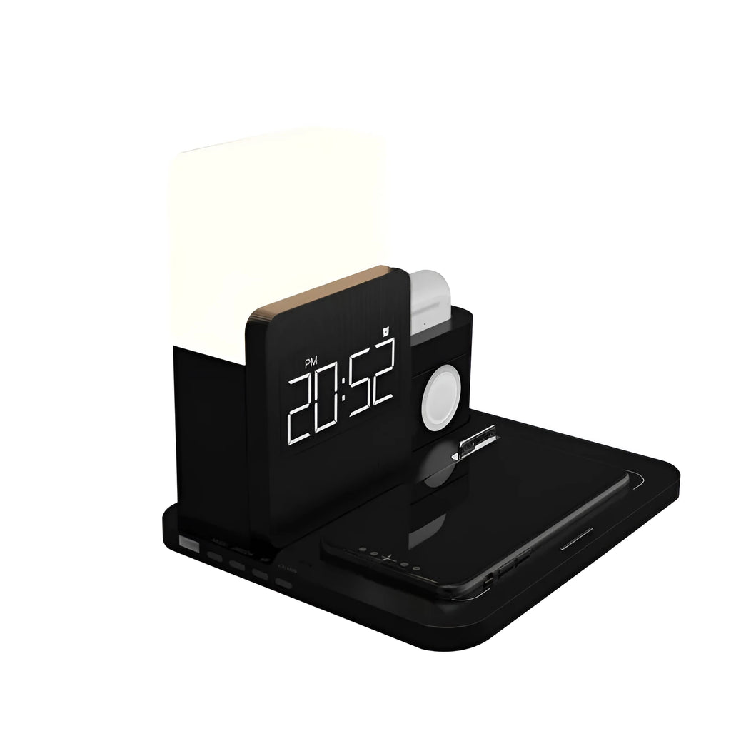 3-in-1 Qi wireless charging stand with folding design in dark green colour charging phone, AirPods, and Apple Watch