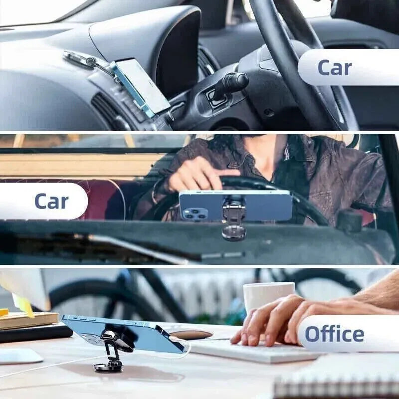 Stainless steel chrome magnetic car phone holder with folded and extended views on a dashboard.