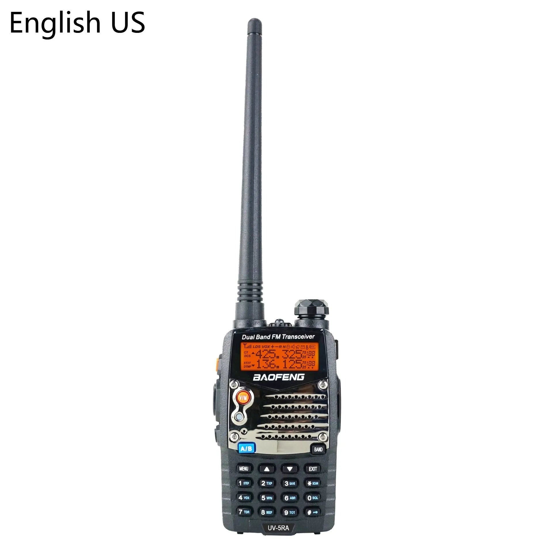 Baofeng UV-5RA black handheld dual-band transceiver with dual LCD display and rubberised keypad