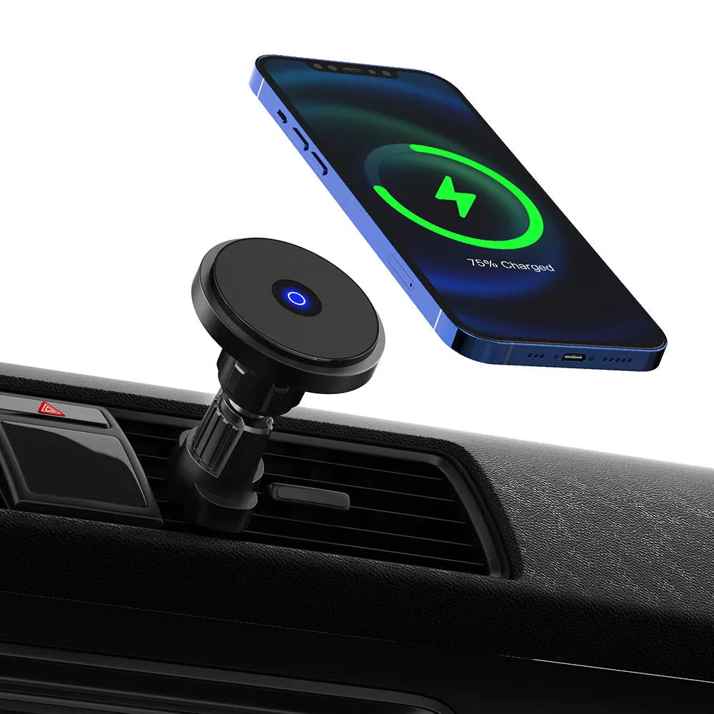 Silver metal 15W magnetic fast car wireless charger mounted on a car air vent.