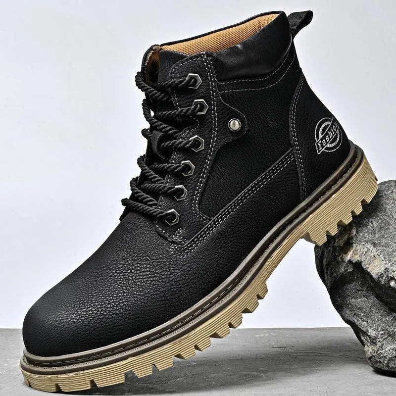 Genuine leather men's mid-top Martin boots with stitched rubber sole and mesh upper in black, brown, and khaki