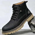 Genuine leather men's mid-top Martin boots with stitched rubber sole and mesh upper in black, brown, and khaki