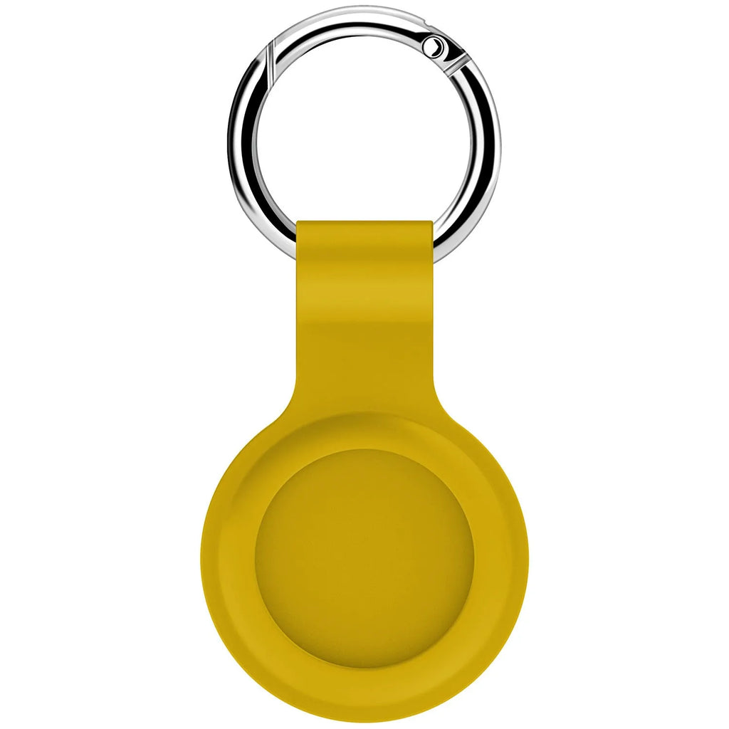 Silicone protective case for Apple AirTag with metal snap button in assorted colours on a keyring.