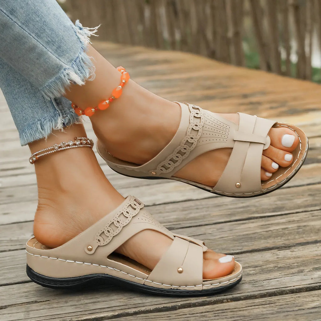 Slope heel Roman style slippers in multiple colours with fish mouth toe design