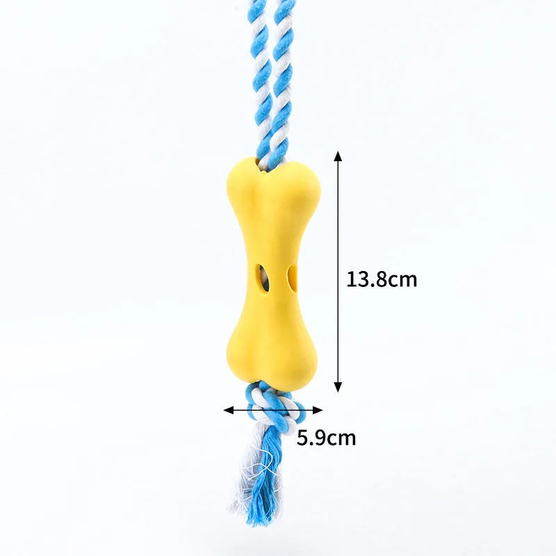Green porous bone-shaped rope dog toy with knotted texture for chewing and treat hiding
