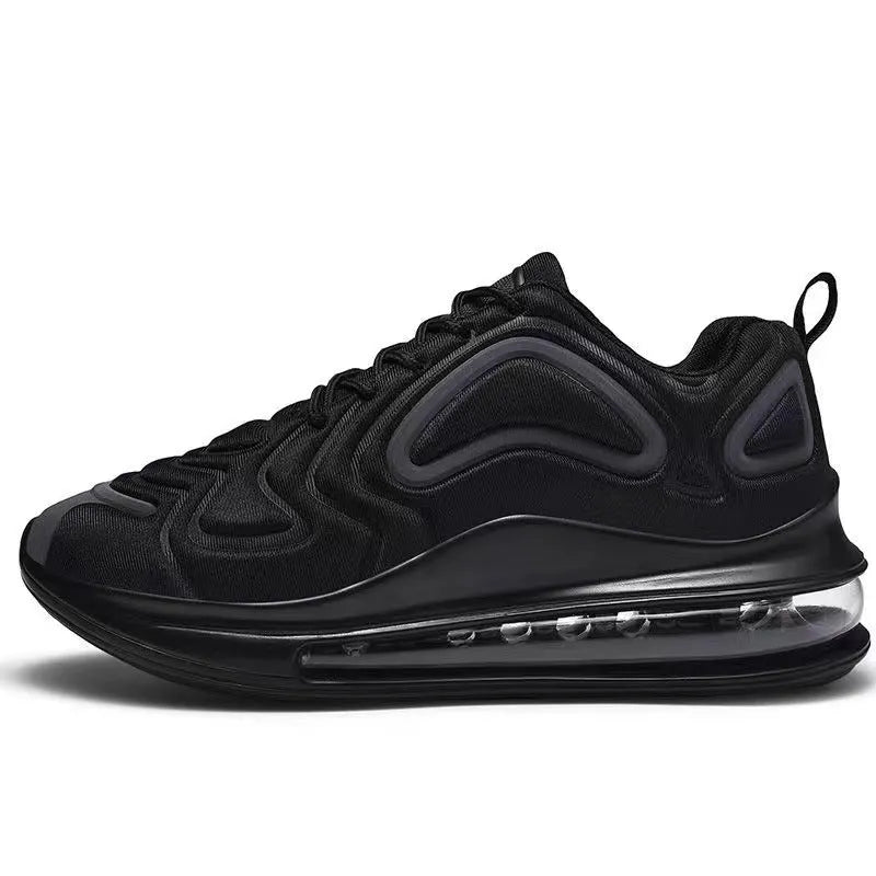 Men's black casual lace-up sneakers with a thick sole and round toe, shown on a white background.