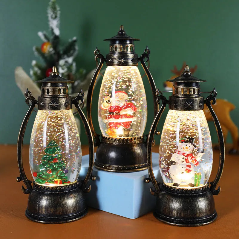 Crystal ball portable oil lamp Christmas decoration with light-emitting feature and snowman or elderly figure.