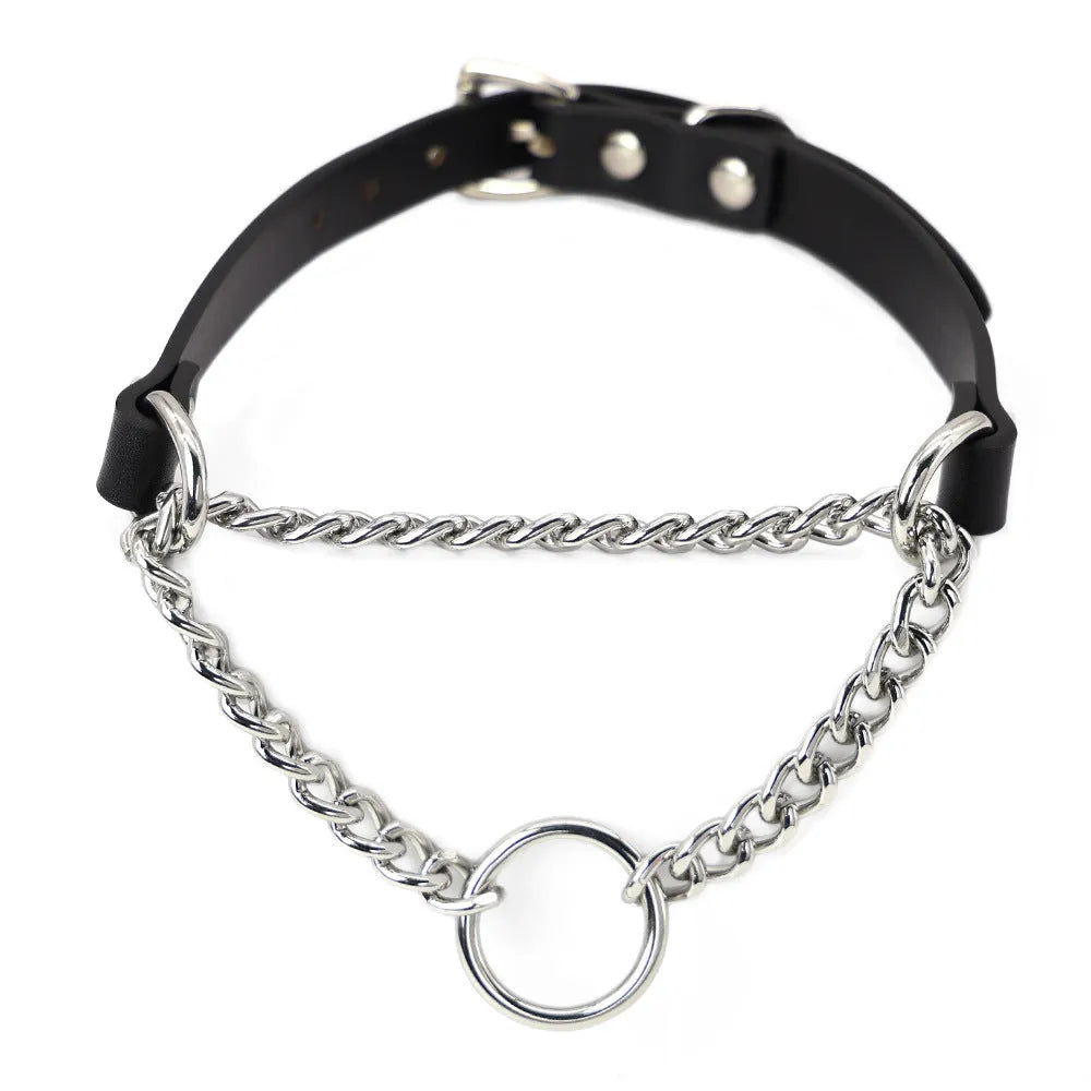 Black leather dog collar and matching hand grip lead set for punk style pet accessories