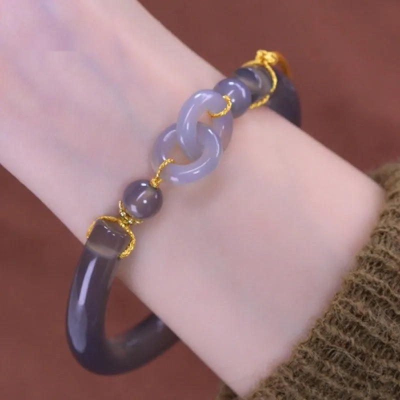 Smoke purple and grey agate half bracelet for women with a metal ring buckle clasp.