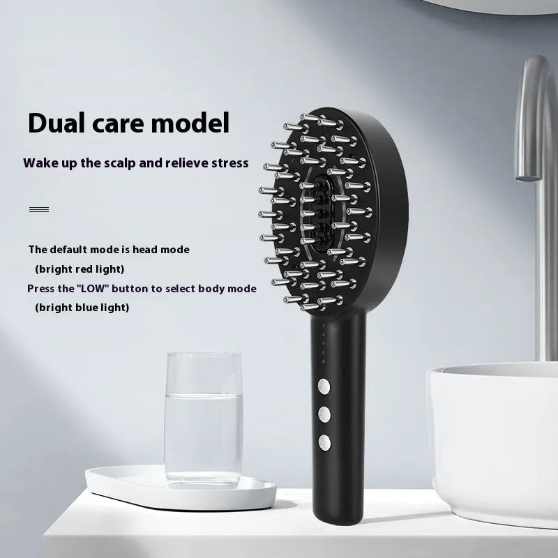 KD3802 Black scalp massage device with charging cable on a table.