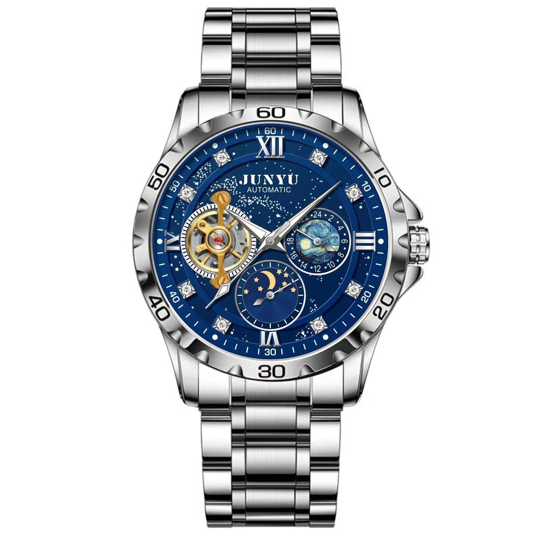Automatic mechanical watch with silver case and black dial showing luminous markers