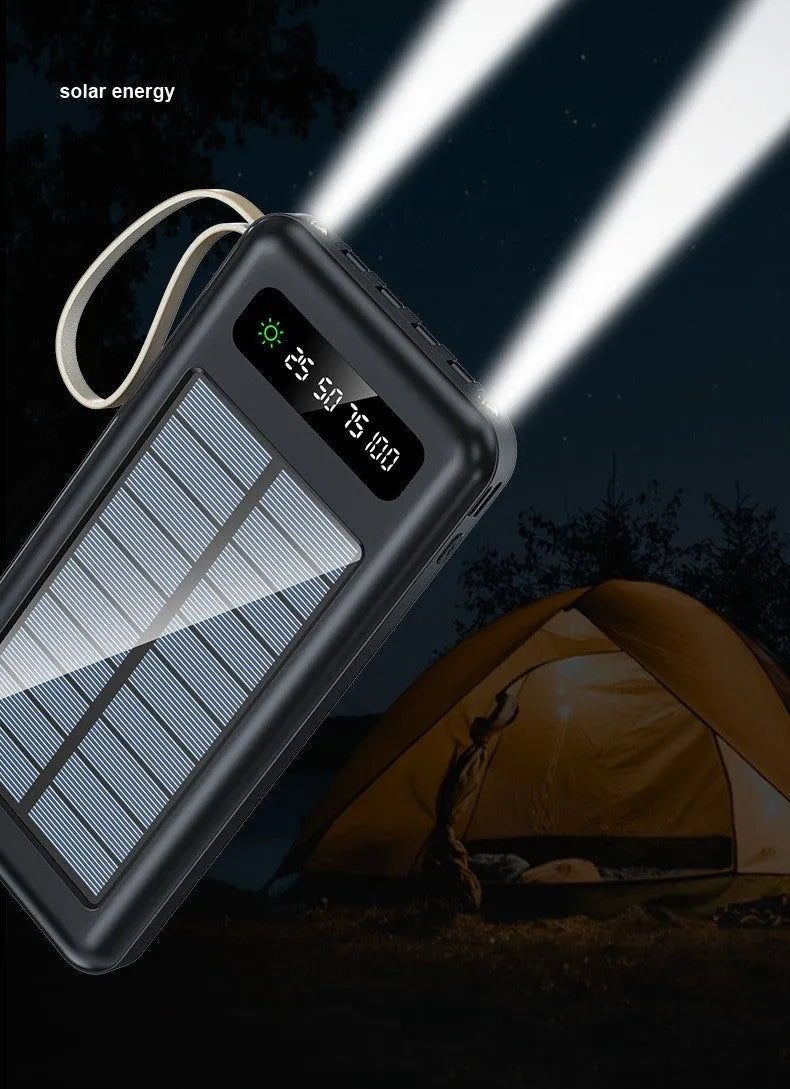 Solar power bank in black or white with polymer lithium-ion cells and solar charging panel