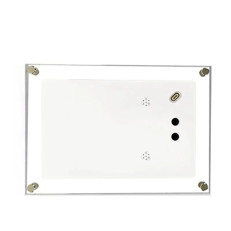 White acrylic digital picture frame showing family photos on a 5-inch vertical screen