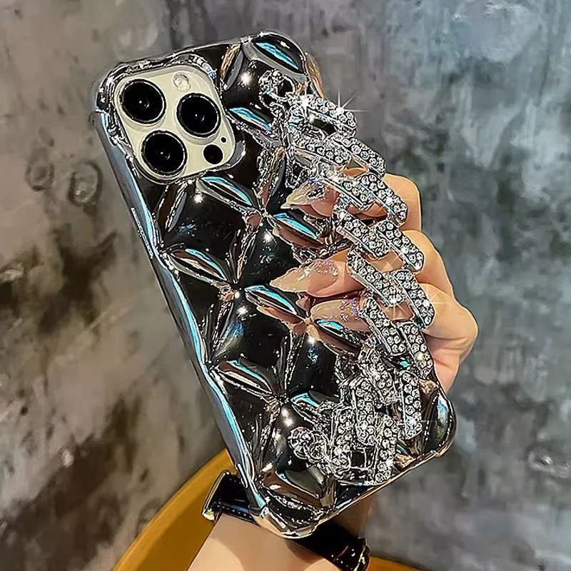 Luxury diamond bracelet phone case for iPhone with decorative chain and flash diamond lock in silver finish