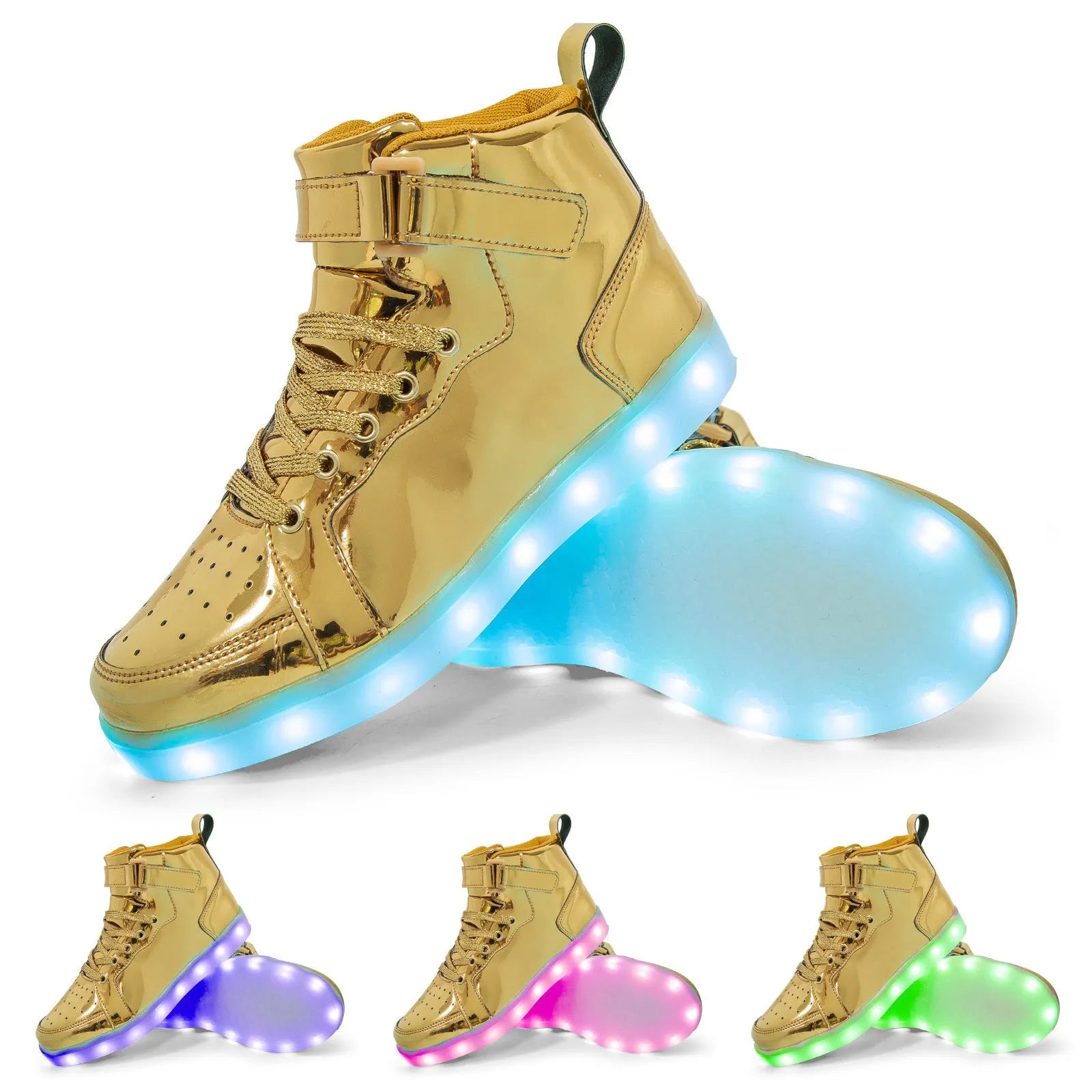 LED high-top sneakers with Velcro strap in black, gold, or white colour on rubber sole.