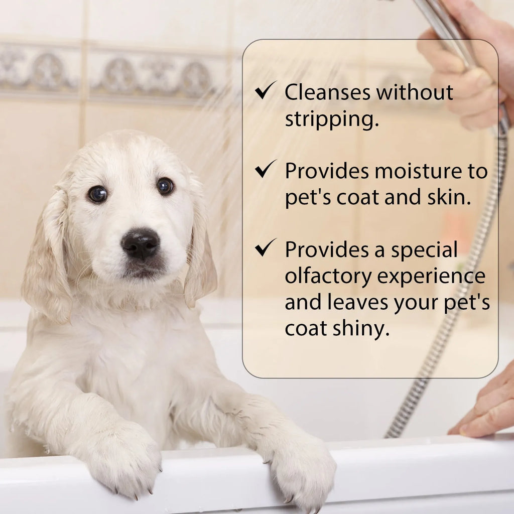 Mild pet shampoo bottle for dogs and cats in 100ml and 300ml sizes for fur cleaning