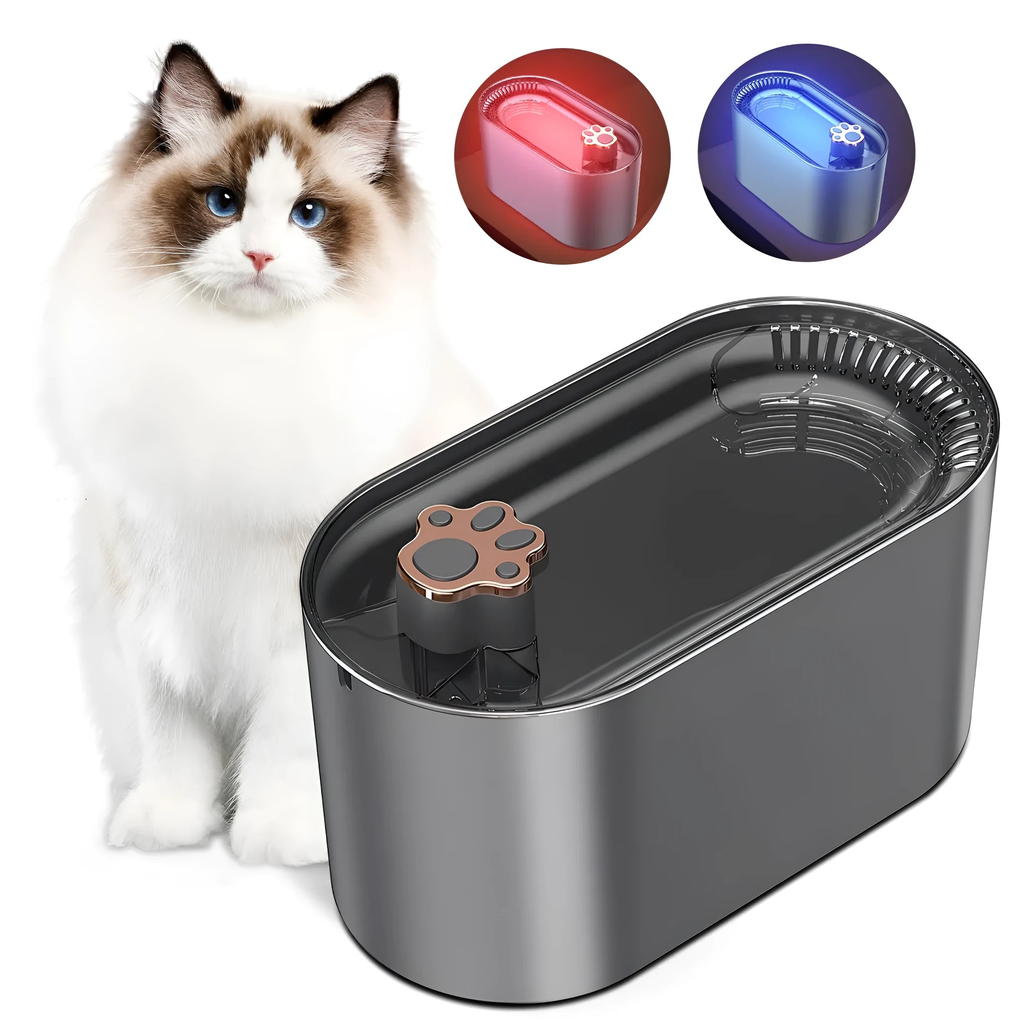 Blue automatic pet water fountain with 3-litre capacity, filtration system, and LED indicator light