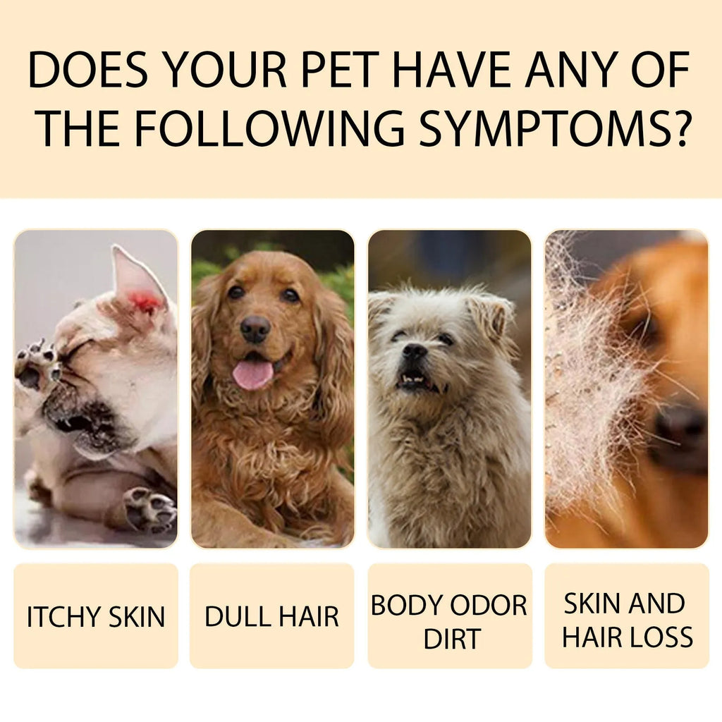 Mild pet shampoo bottle for dogs and cats in 100ml and 300ml sizes for fur cleaning