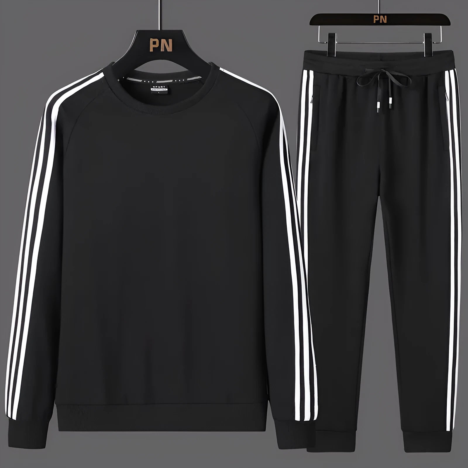 Men's two-piece casual sportswear suit in cotton blend, sweatshirt and sweatpants set, long sleeves, black colour, front view