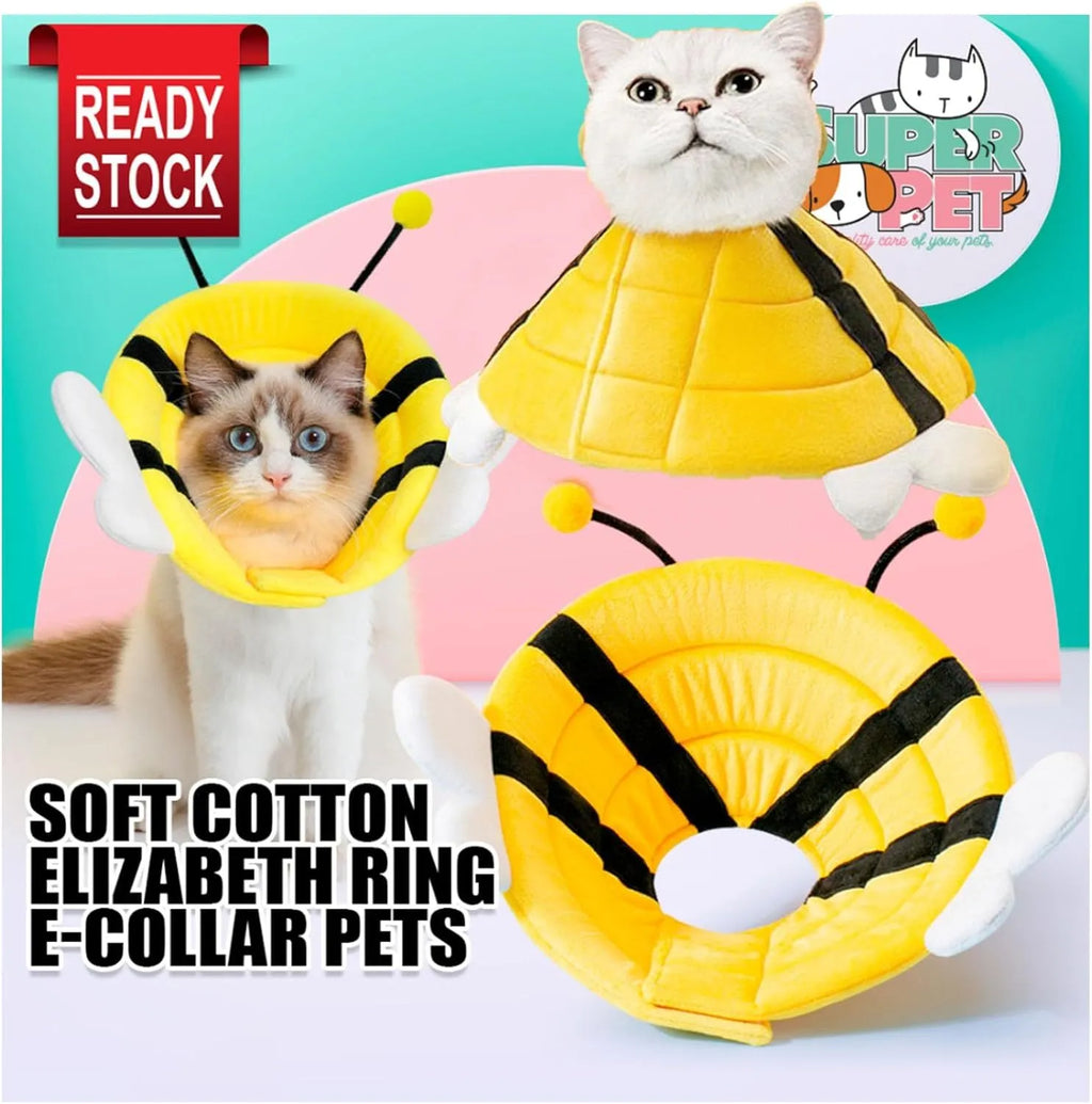 Soft cat cone collar with cute bee design shown on cat