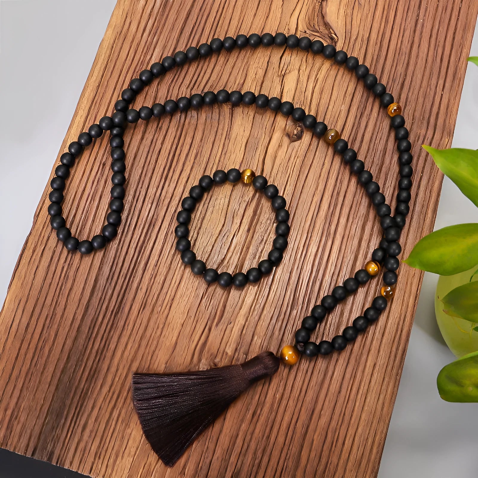 Beaded tigereye stone bracelet and necklace set with tassel pendant on 81cm chain