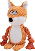 Soft plush dog toy shaped like an animal with an attached cotton rope, featuring a squeaker and crinkle paper inside.