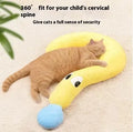 Blue cloth cat sleeping mat with a large U-shaped question mark pillow for neck support.