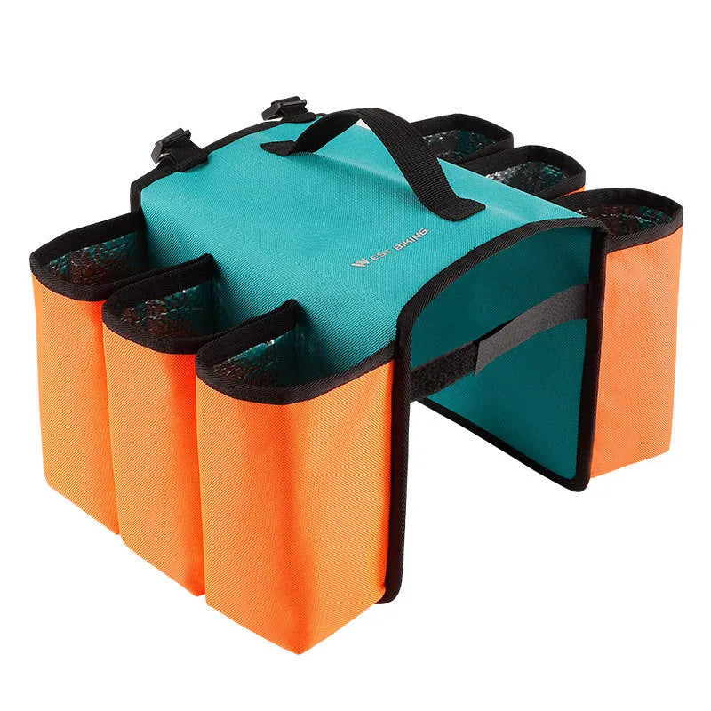 Black and orange bicycle double-sided beverage shelf bag with 2L capacity mounted on bike frame