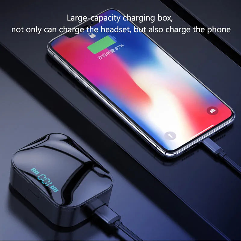 X7LED black and white sports Bluetooth in-ear headphones with USB charging case on a table